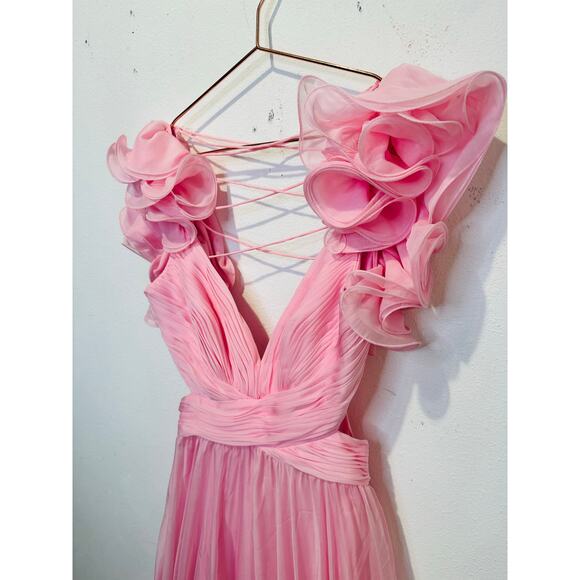 MAC DUGGAL Blush Pink Ruffle Tiered Cut-Out Back Lace Up Maxi Dress Size 2 NWT - Picture 8 of 12